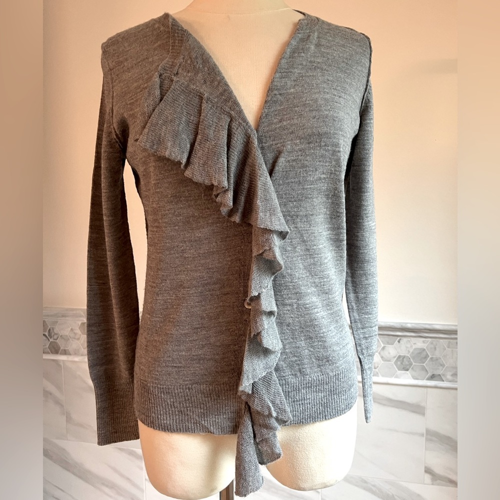 Banana Republic Italian Merino Wool Ruffle Gray Cardigan Sz S/M